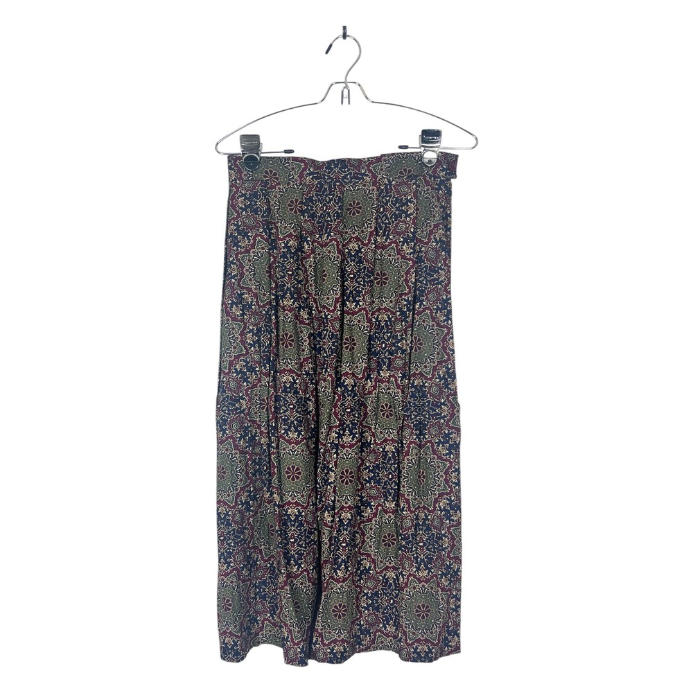 Koret Vintage Pleated Midi Skirt Bohemian Mandala Print Burgundy Navy USA Made‎